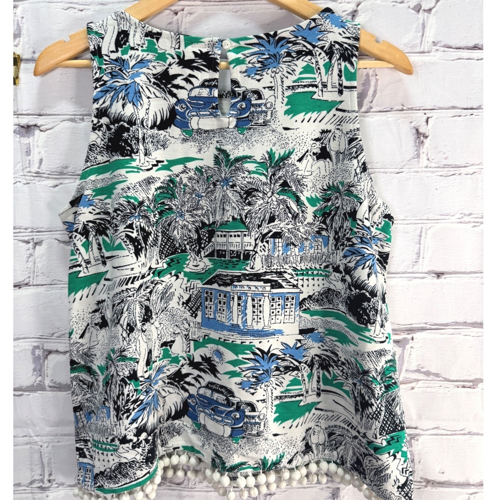 Ann Taylor Tank Top Womens M Tropical Print Coastal Pom Pom Hem Keywhole Back - Picture 8 of 9